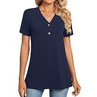 Womens Casual Short Sleeve V-Neck Henley Tunic Tops Loose T-Shirts