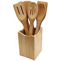 Oliva Italiana 7 Pc. Bamboo Kitchen Utensil Set w Holder, Eco-Friendly, 100% Organic bamboo, Wooden utensils, with ergonomic handle. Spoons for Cooking, Spatula, Ladle, Turner & Pasta Server