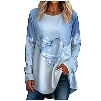 Happy Valentine's Day Shirt, Women's Casual Plus Size Long Sleeved Round Neck Valentine's Day Printed T-Shirt Top