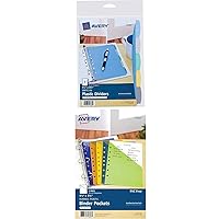 Avery 5-Tab Plastic Mini Binder Dividers, Write & Erase Multicolor Tabs, 1 Set (16180) + Avery Mini Binder Pockets, Assorted Colors, Fits 3-Ring and 7-Ring Binders, Durable, 5 Slash Jackets