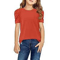 storeofbaby Girls Puff Short Sleeve Shirts Round Neck Tunic Tops Casual Solid Blouses 5-14 Years