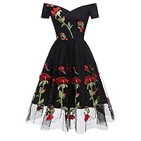 Womens Summer Cap Sleeve Mesh Flowy Wedding Empire Waist Dresses 1950s Wrap V Neck Embroidery Floral Formal Dress