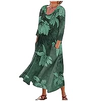 3/4 Sleeve Dresses for Women Summer Printed Maxi Dresses Flowy Long Dress Boho Casual Beach Sundresses with Pockets