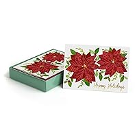 Masterpiece Patterned Poinsettias Christmas Cards / 16 Boxed Holiday Cards With Coordinating Red Envelopes / 5 5/8