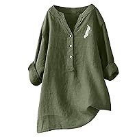 Linen Tops for Women Plus Sized 2024 Long Sleeve V-Neck Blouse Tops Casual Flowy Summer Clothes