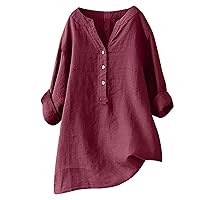 YZHM Women's Button Down Linen Shirts V Neck Long Sleeve Tops Dressy Casual Blouses Loose Fit Solid Tunic Tops Comfy Trendy Tshirts, Plus Size Tops for Women Blusa Mujer Manga Larga