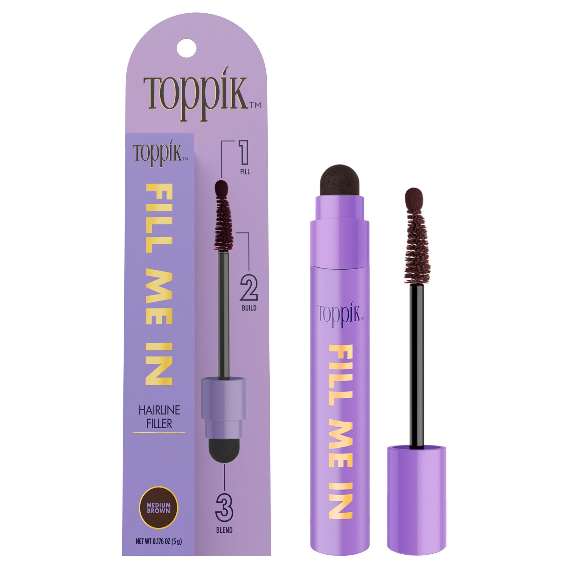 Toppik Fill Me In Hairline Filler, Hair Color Root Touchup, Hair Fibers Wand, Fills In Thinning Hairline, Hair Styling Product, 0.176 oz (5 g) Medium Brow
