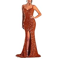Sparkly Prom Dresses Long Fitted with Front Slit for Teens Spaghetti Straps Mermaid Sequin Evening Gowns