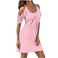 Women Ruched Short Sleeves Cold Shoulder Dress Summer Casual Scoop Neck Tunic Dress Solid Color Vacation Mini Dress