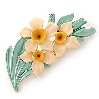 Cream/Yellow/Light Green Daffodil Floral Brooch In Gold Plating - 50mm L