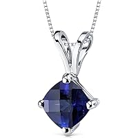 PEORA Solid 14K White Gold Created Blue Sapphire Pendant for Women, Classic Solitaire, Cushion Cut, 1 Carat total AAA Grade