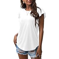 PrinStory Women's Tops Summer Casual Ruffle Short Sleeves Knit Shirts Round Neck Tunic Top For Women 2024 Fashion Trend White US 2XL