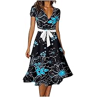 YZHM 2023 Midi Summer Dress for Women V Neck Flowy Sundress Short Sleeve Casual Dresses Tie Waist A Line Beach Vacation Dress