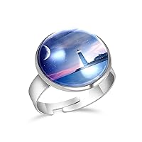 Lighthhouse at Starry Night with Moon Adjustable Rings for Women Girls, Stainless Steel Open Finger Rings Jewelry Gifts