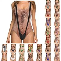 Women Funny One Piece Swimsuit Novelty Hairy Chest 3D Print Bathing Suit Sexy V Neck Monokini Swimwear Swim Beachwear