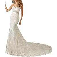 Sexy Court Train Sweetheart Beading Long Crystal Lace Mermaid Wedding Dress