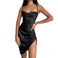 Women Sexy Evening Dress Sleeveless Spaghetti Strap Backless Bodycon Drawstring Ruched Party Night Club Midi Dresses