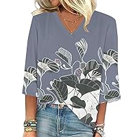 Women's Shirt Blouse Casual Loose Shirts 3/4 Sleeve Lace Print V Neck Tops Three Quarter Length Tunic Tops