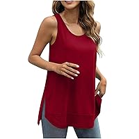 Women Loose Fit Tank Tops Side Split Sleeveless Shirts Summer Scoop Neck Flowy Solid Tunic Blouses for Going Out