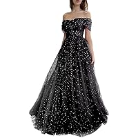 Women's Sparkly Prom Ball Gowns Off Shoulder Starry Tulle Floor Length Formal Evening Gown with Pocket