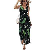 Cute Dinosaur Women's Sleeveless Dress V Neck Flowy Hem Sundresses Summer Beach Maxi Dress