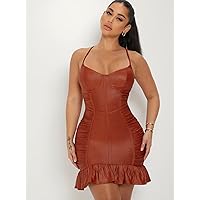 Summer Dresses for Women 2022 Ruffled Cami Bodycon Mini Dress Dresses for Women (Color : Rust Brown, Size : X-Large)
