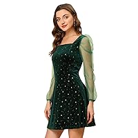 Allegra K Women's Christmas Mesh Sheer Puff Long Sleeve Square Neck Glitter Star Mini Velvet Dress