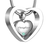 misyou Double Heart Birthstone Urn Necklace Keepsake Pendant Cremation Ashes Jewelry （Daughter）