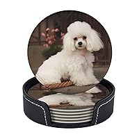 Drink Coasters Set of 6 French Poodle Coasters for Coffee Table Absorbent Leather Coasters for Drinks with Holder Cup Coaster Set Decor for Bar