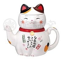 Saiido Kiln 7673 Teapot Mike, 5.7 inches (14.5 cm), Yakushi Kiln, Colored Painting, Maneki Cat, Teapot (with Tea Cup)