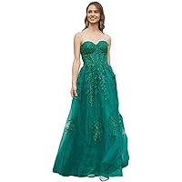 Lace Appliques Prom Dresses for Women Long Ball Gown Tulle Beaded Strapless Evening Gown