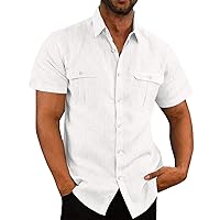 Mens Casual Button Down Shirts Cotton Linen Short Sleeve T-Shirt for Men Summer Beach Shirts Loose Comfort Tees