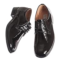 Boys Shiny Black Tuxedo Shoes, Round Toe Style in Infant to Boys Sizes