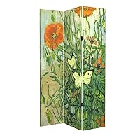 Room Divider Wood Privacy Screens Van Gogh's Butterflies and Poppies Painting Canvas 3-Panel Foldable Portable Separating Divider Room Partitions Freestanding Home Decor 71'' High