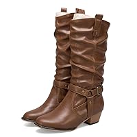 Bigtree Womens Slouch Boots Chunky Heels Leather Riding Boots Buckle Knee High Winter Cowboy Boots …