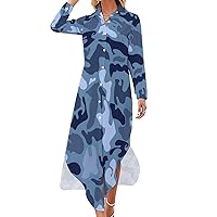 Abstract Blue Military Camouflage Women's Shirt Dress Long Sleeve Button Down Shirts Dress Casual Loose Maxi Dresses