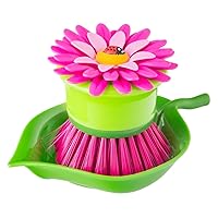 Vigar Flower Power Pink Palm Dish Brush with Holder, 5-3/4-Inches by 3-3/4-Inches, Pink, Green