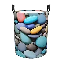 Colored Pebbles Round waterproof laundry basket,foldable storage basket,laundry Hampers with handle,suitable toy storage