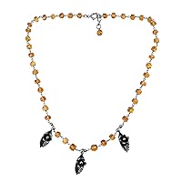 Silvesto India Handmade Jewelry Manufacturer Round Beaded Citrine, 925 Sterling Silver, Flower & Leaf Design Charm, Lobster-claw Necklace Jaipur Rajasthan India