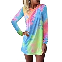 LATINDAY Loose Casual Short/Long Sleeve Tie Dye Ombre Swing T-Shirt Tunic Dress Blue