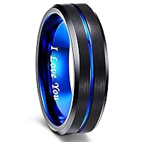 Greenpod Mens Tungsten Ring Wedding Band 6mm 8mm 10mm Engraved I Love You Thin Blue/Rose Gold/Black Centre Groove Comfort Fit Size 6-17