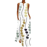 Linen Dress Women,Women's Summer Maxi Dress Sleeveless V Neck Button Down with Pockets Swing Flowy Sundress