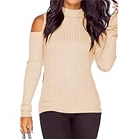 EFOFEI Women's Mock Neck Cold Shoulder Sweater Slim Fit Solid Color Knitted Pullover