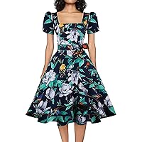 OBBUE Women's Square Neck Dress Vintage 1950s Cocktail Party Dress with Puff Sleeves