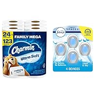 Charmin Ultra Soft Cushiony Touch Toilet Paper, 24 Family Mega Rolls = 123 Regular Rolls and Febreze Small Spaces, Plug in Air Freshener, Linen & Sky, Odor Eliminator for Strong Odor (4 Count)