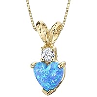 PEORA 14K Yellow Gold Created Blue Opal with Genuine Diamond Pendant, Heart Shape Solitaire, 6mm