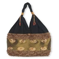 NOVICA Artisan Handmade Shoulder Bag Cotton from Thailand Coconut Shell Metallic Patterned Geometric 'Moonlight