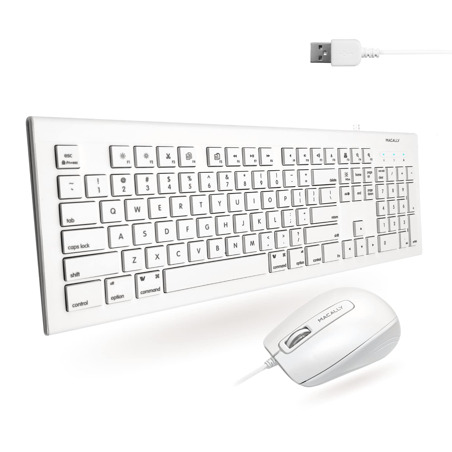 Macally 104 Key USB Wired Keyboard and Mouse Combo with Apple Shortcut Keys for Mac, iMac, Macbook, and Windows PC (MKEYECOMBO), White