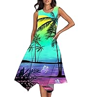 Sun Dresses for Women Hawaiian Dresses for Women Summer Print Casual Fashion Elegant Ceach Dress Sleeveless Round Neck Flowy Dresses Cyan X-Large