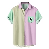 Mens Patchwork Short Sleeve Tee Shirt, Casual Button Down Hawaiian Shirt with Chest Pocket, Beach T-Shirt Active Tops
